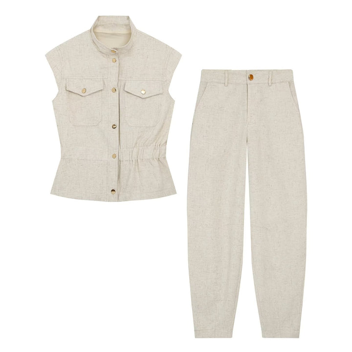 Women High-Waisted Linen Blend Pants with Slim Fit and Decorative Seams Mune Fashion