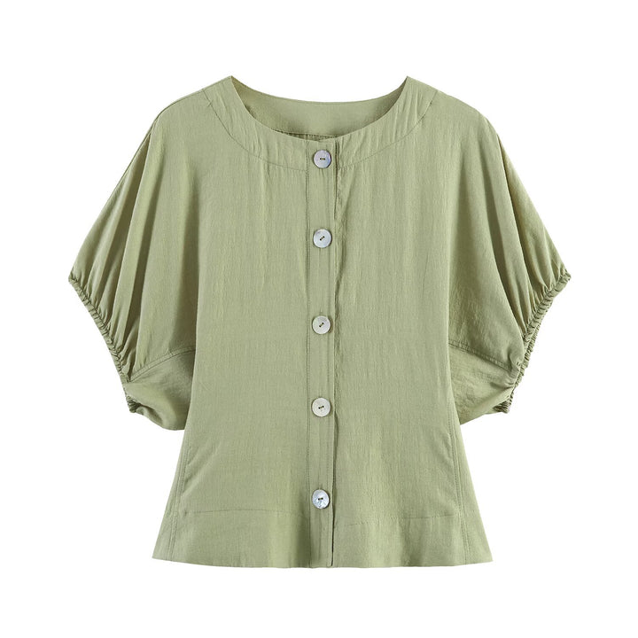 Women Light Linen Look Blouse with Button Placket and Gathered Batwing Sleeves Mune Fashion