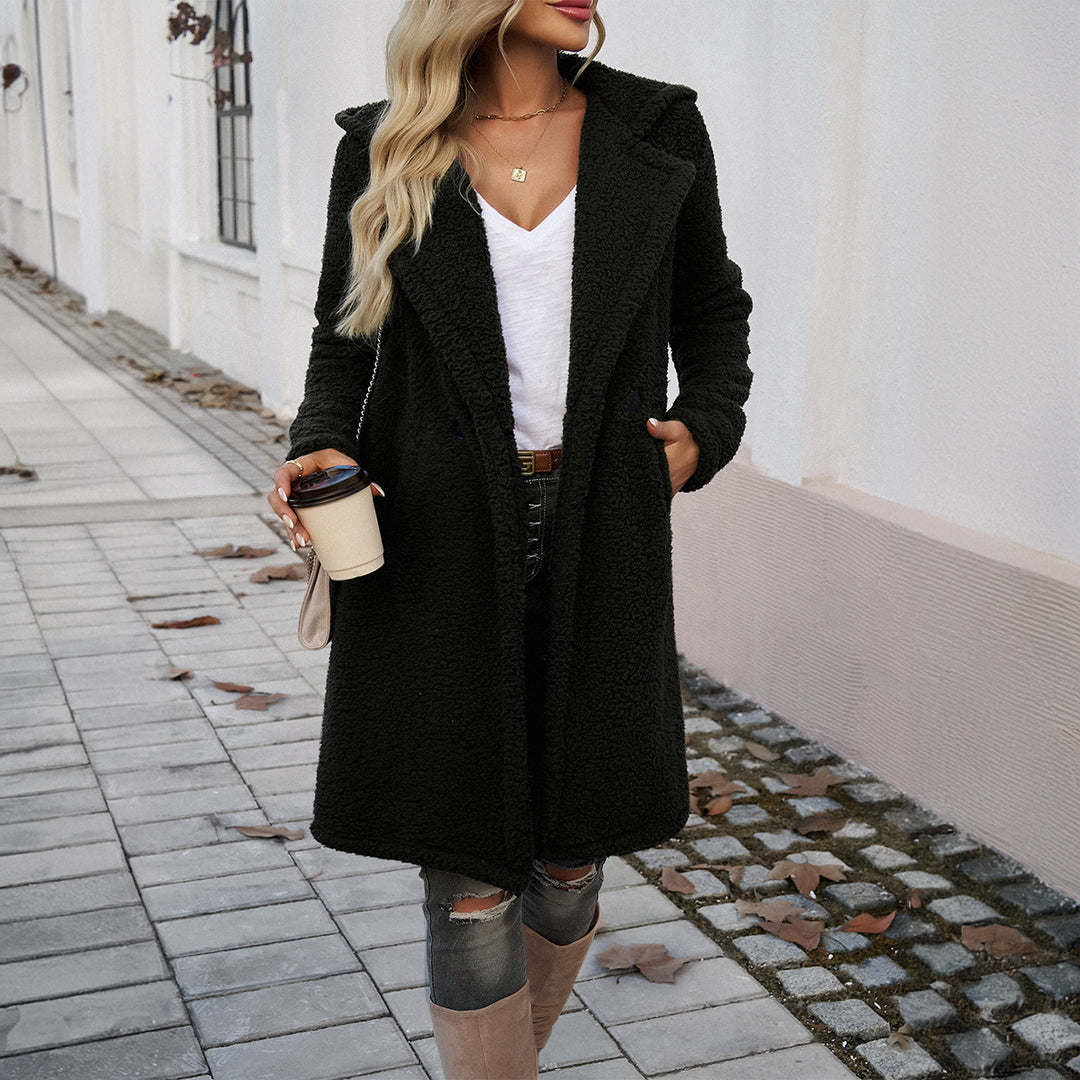 Women's cozy teddy coat with hood, double-breasted button placket and side pockets Mune Fashion