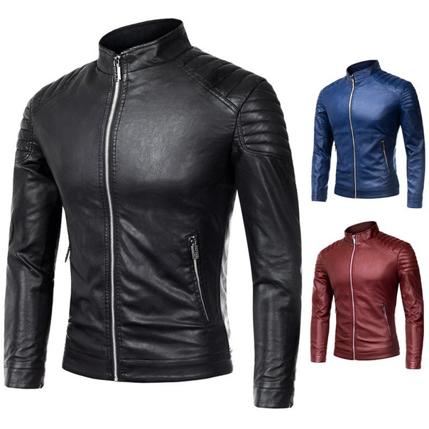 Men's slim biker jacket made of smooth leather with quilted shoulder area and stand-up collar Mune Fashion