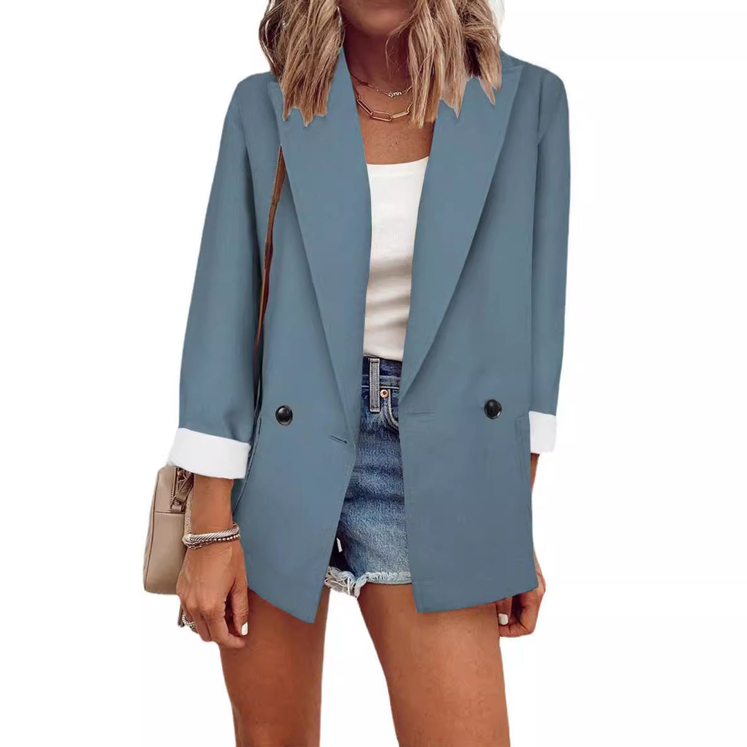Women's Oversize Longline Blazer with 3/4 Sleeves, Contrast Lapel and Patch Pockets Mune Fashion