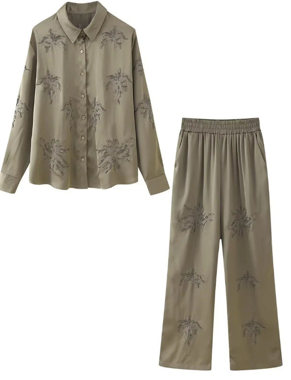 Women's embroidered silk-look blouse with sparkling crystal embellishments and shirt collar Mune Fashion