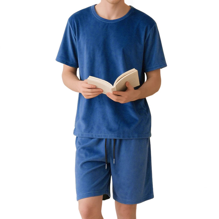 Men's velour lounge set with round neck short sleeve shirt and drawstring shorts Mune Fashion