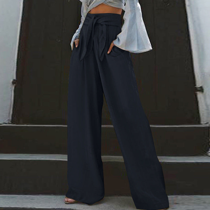 Ladies wide High-Waist linen pants with tie belt and inset pockets Mune Fashion
