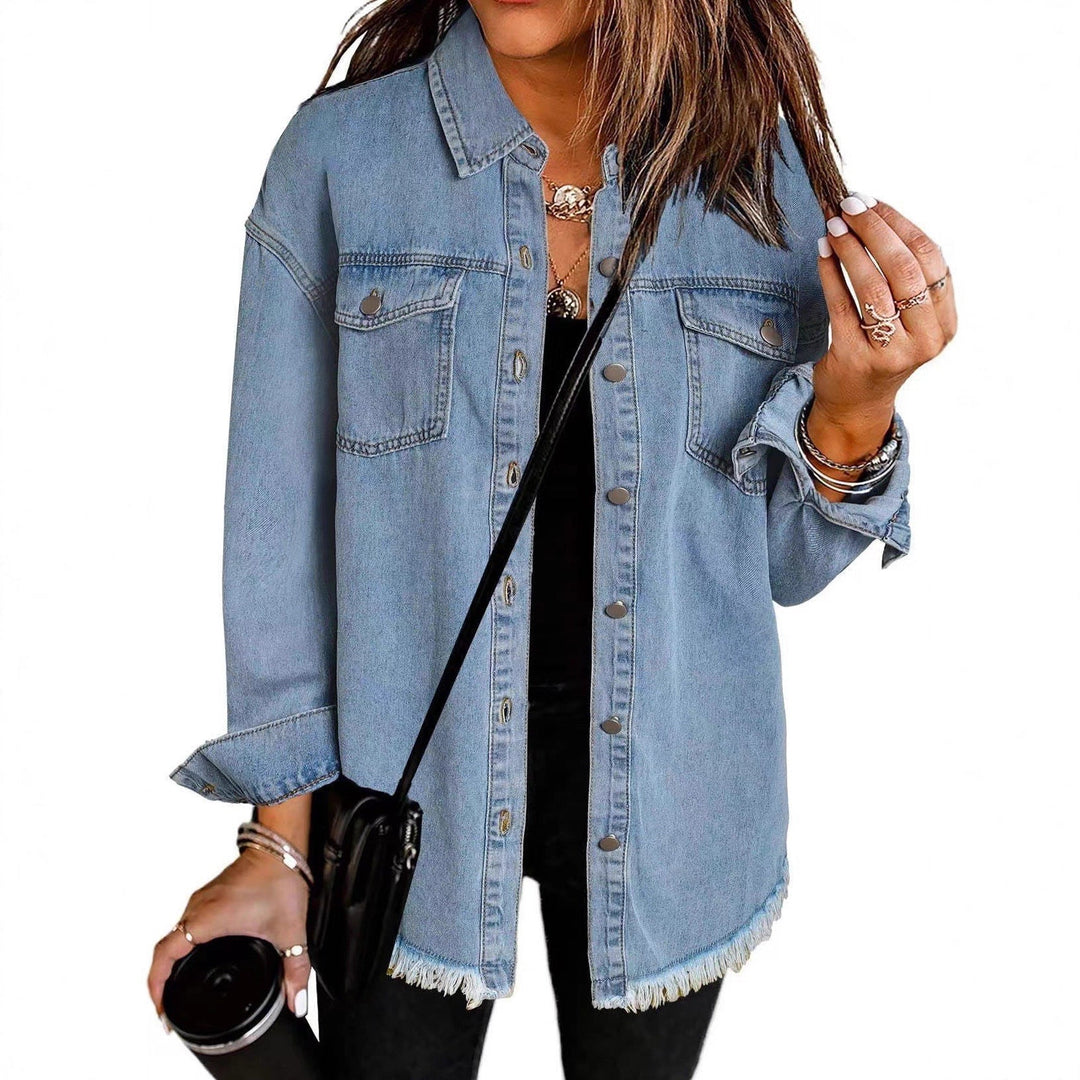 Ladies Denim Overshirt with Fringed Hem and Chest Pockets Mune