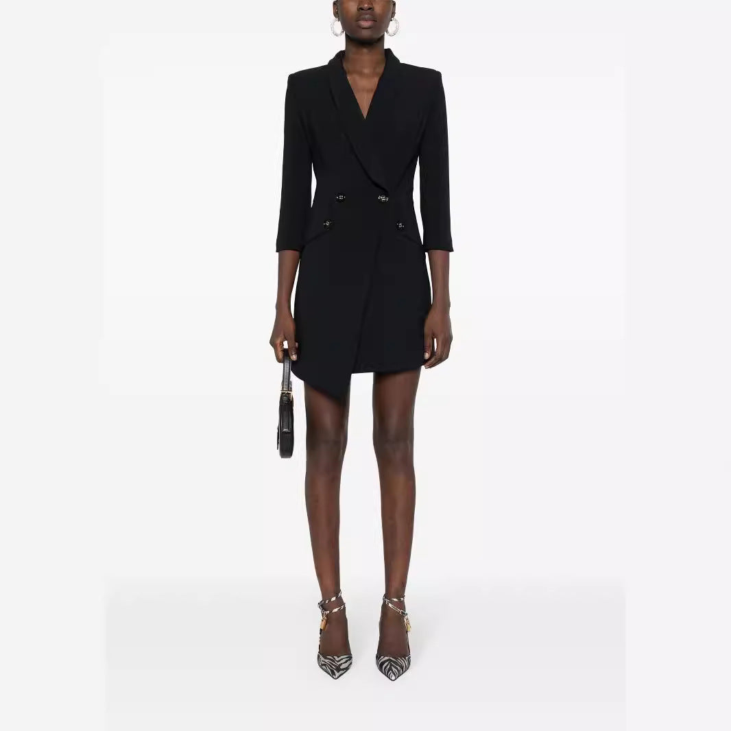 Women Tailored Blazer Dress with Asymmetrical Hem and 3/4 Sleeves Mune Fashion