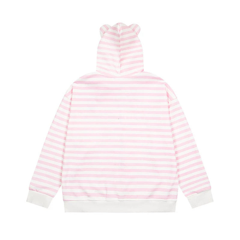 Women's Striped Hooded Sweat Jacket with Teddy Pendant, Ear Hood and Embroidery Detail Mune Fashion