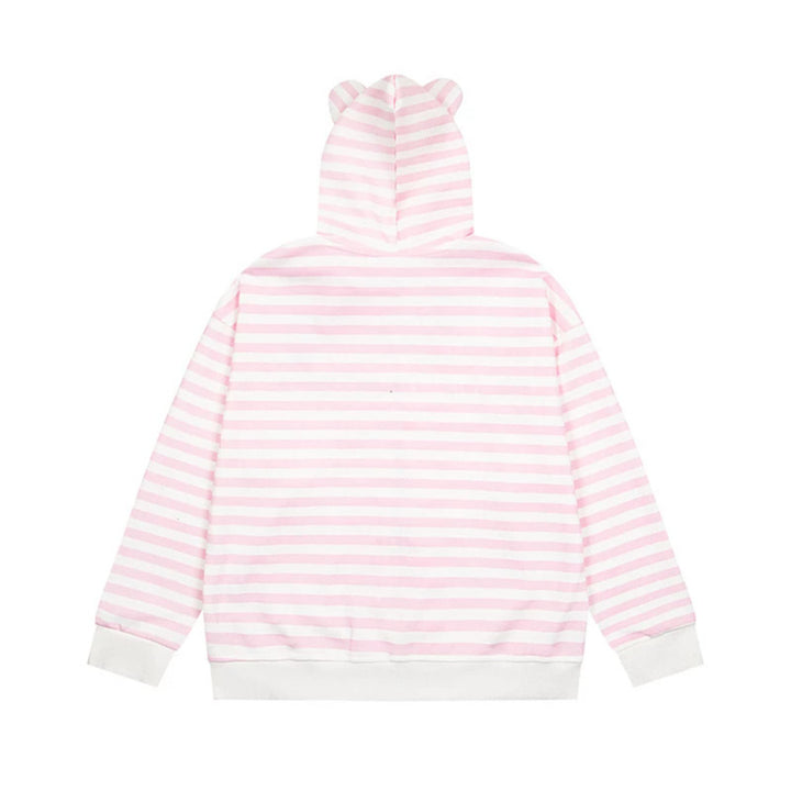 Women's Striped Hooded Sweat Jacket with Teddy Pendant, Ear Hood and Embroidery Detail Mune Fashion