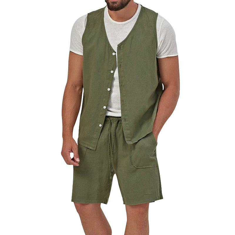 Men's two-piece leisure set with sleeveless button vest and wide drawstring shorts with patch pockets Mune Fashion