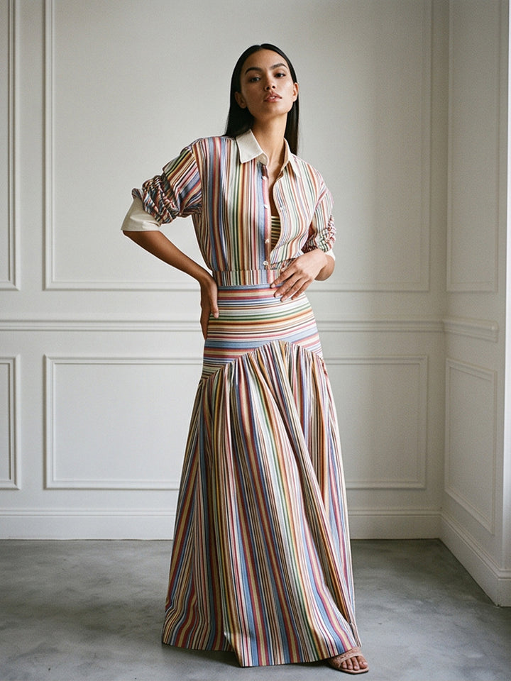 Women’s maxi dress with shirt collar, fitted waistband & layered tiered skirt Mune Fashion