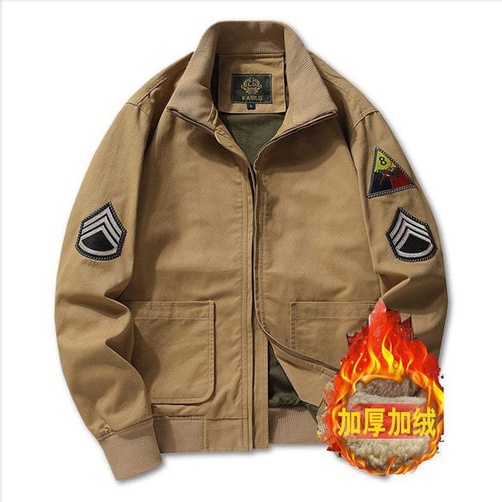Men's canvas bomber jacket in worker blouson style with badge patches and ribbed collar Mune Fashion