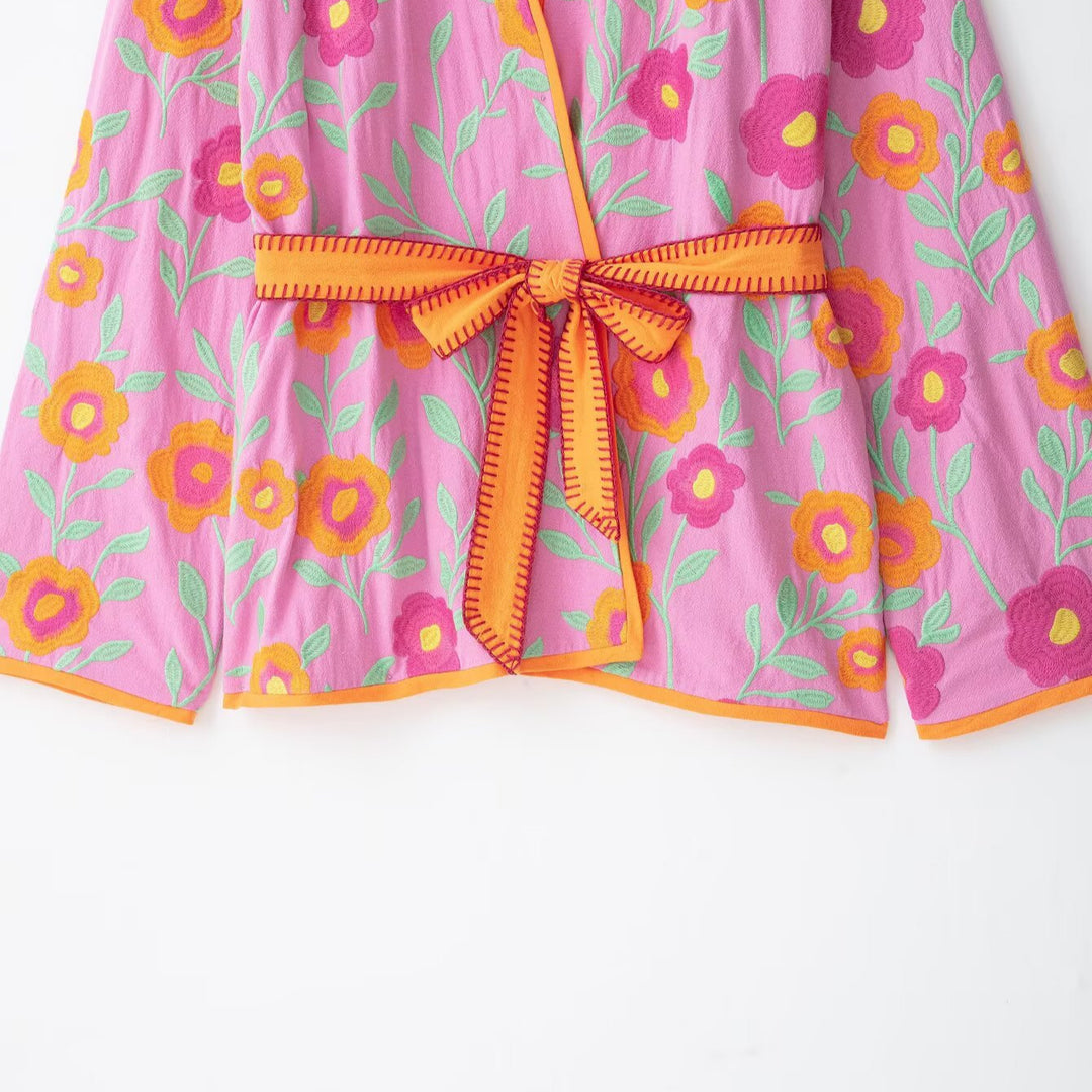 Women's Embroidered Kimono Jacket with Waist Tie Belt and Floral Embroidery Mune Fashion