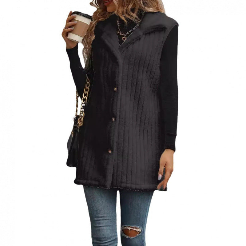 Women's sleeveless quilted vest with teddy lining, shirt collar, and button placket Mune Fashion