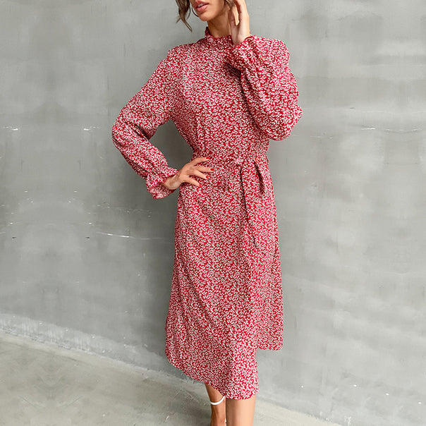 Ladies' midi dress with stand-up collar, waist belt, and ruffle sleeves Mune Fashion