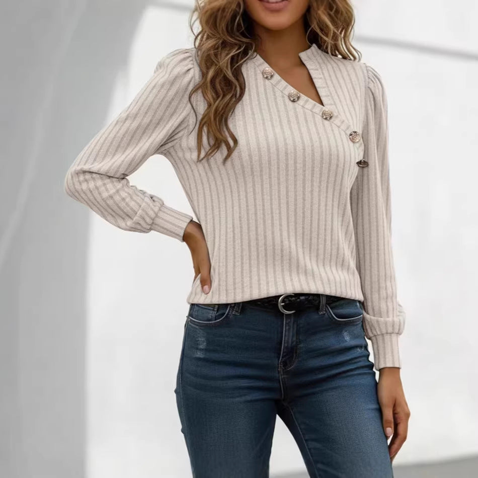 Women's Ribbed Fine Knit Sweater with Asymmetrical Button Placket Drune