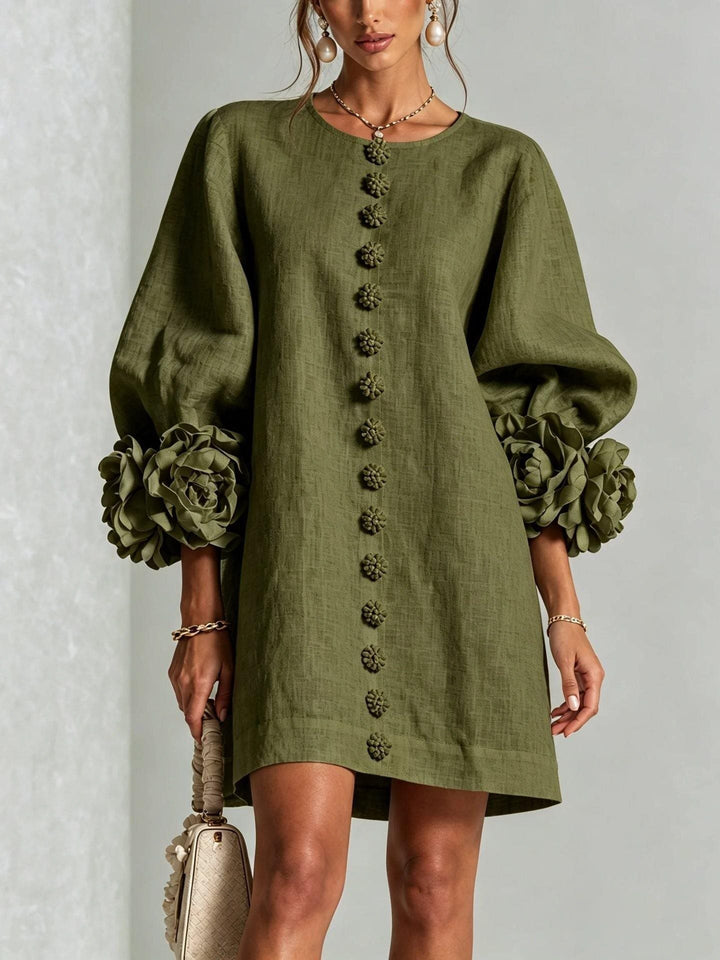 Women’s Short-Cut Linen Dress with 3D Flower Sleeves and Center Button Placket Mune Fashion