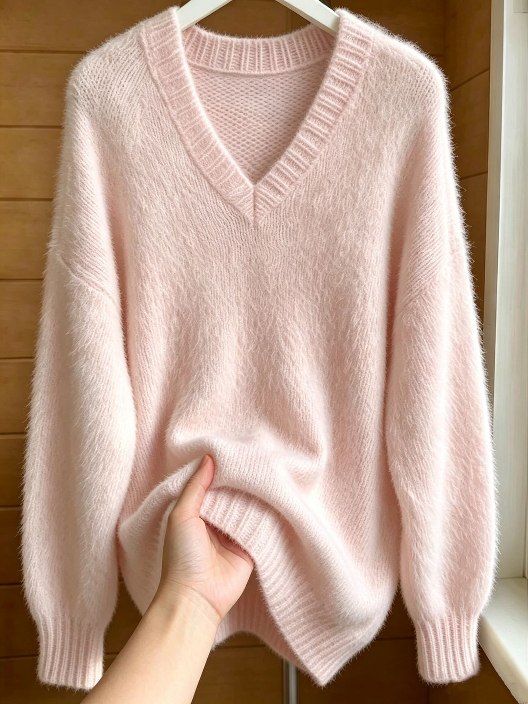Women Fluffy Mohair-Mix Oversize Sweater with Deep V Neck Mune Fashion