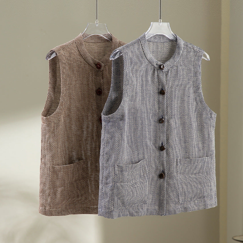 Women's sleeveless knit vest with stand-up collar, button placket, and patch pockets Mune Fashion