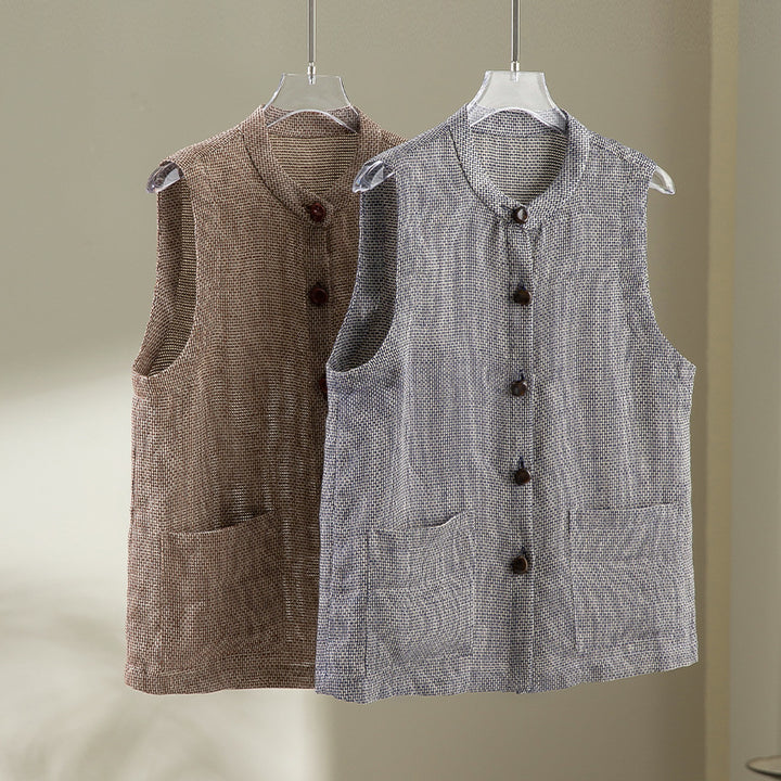 Women Sleeveless Textured Knit Vest with Round Neckline, Button Placket and Patch Pockets Mune Fashion
