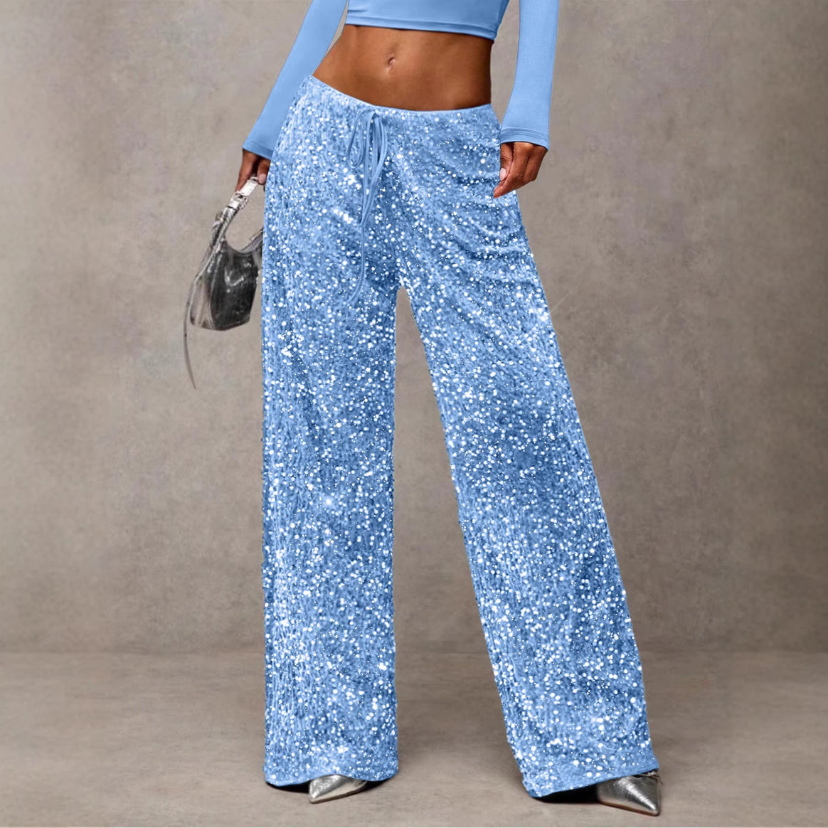 Women Sequin Palazzo Trousers with High Waist and Drawstring Mune Fashion