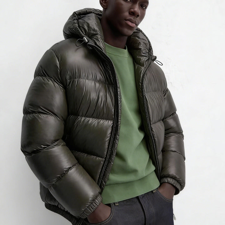 Men's quilted hooded jacket with glossy surface, warm synthetic filling and two-way zipper Mune Fashion