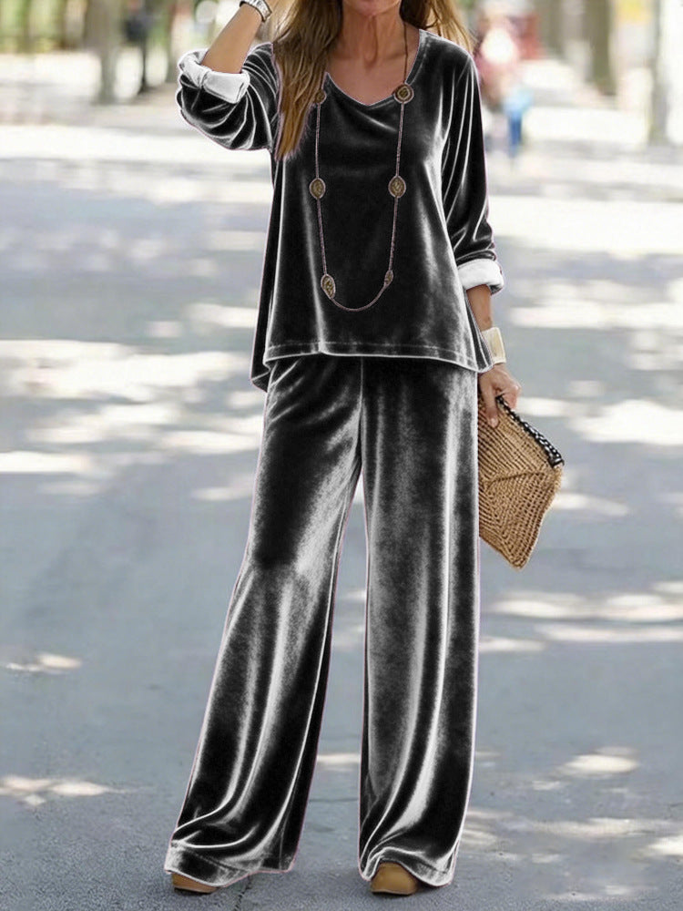 Women's Elegant Velvet Two-Piece Lounge Set with V-Neck and Wide Leg