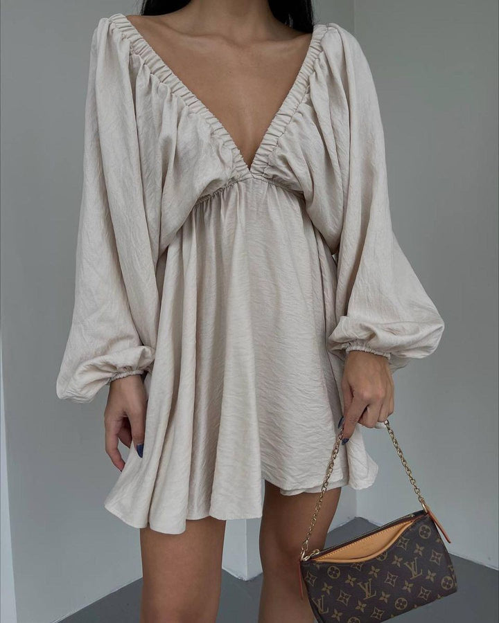 Women Loose Mini Dress with Deep V-Neck and Balloon Sleeves Mune Fashion