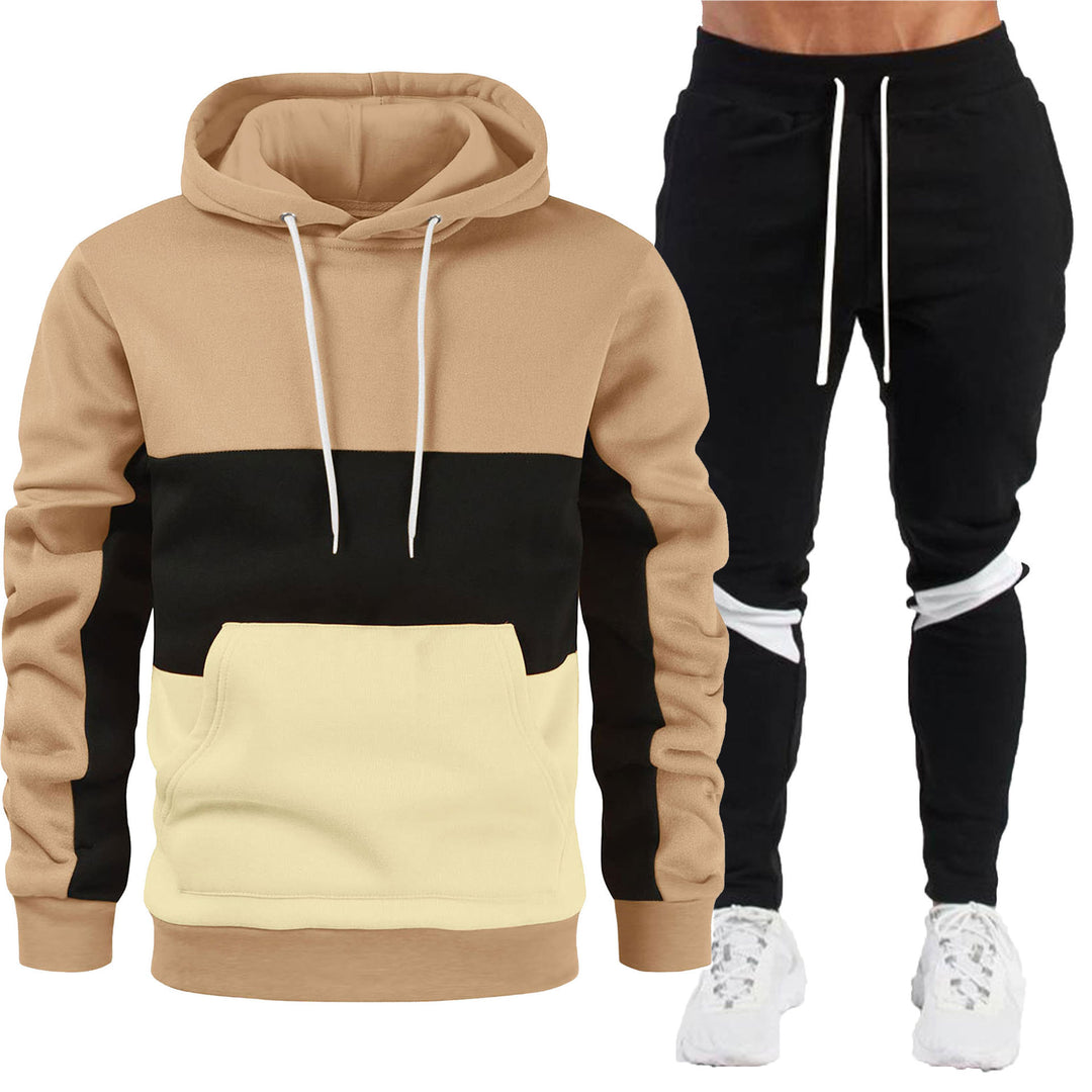 Men's sporty hoodie and jogger set with contrast trims, kangaroo pocket, elastic waistband, and tapered leg Mune Fashion