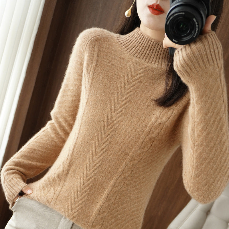 Women Lightweight Mohair-Look Stand Collar Sweater with Cable-Lace and Tailored Silhouette Mune Fashion