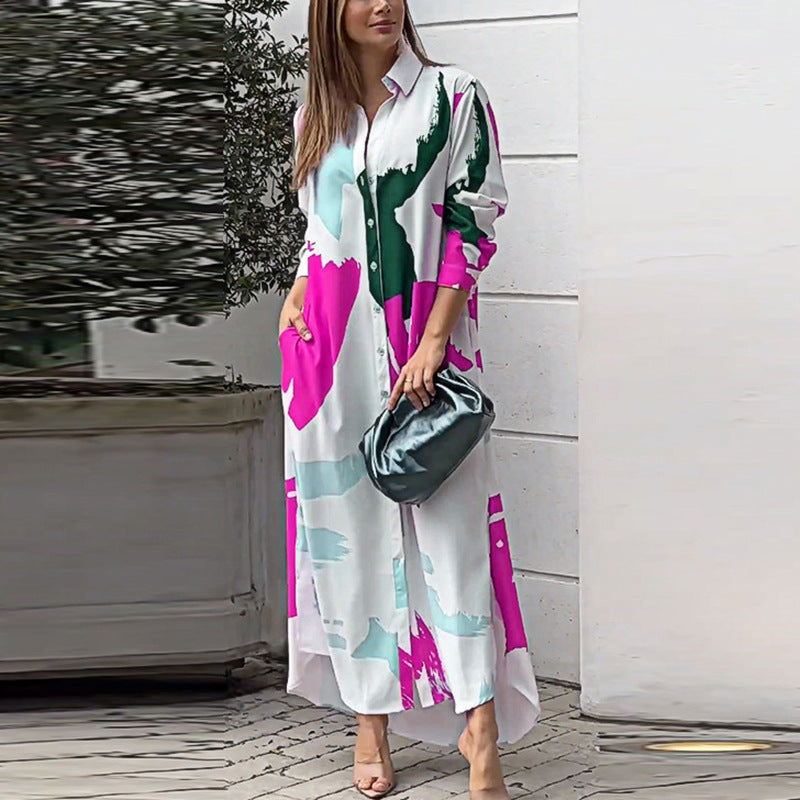Women's Long Shirt Dress with Abstract Brush Print and Side Pockets Mune Fashion