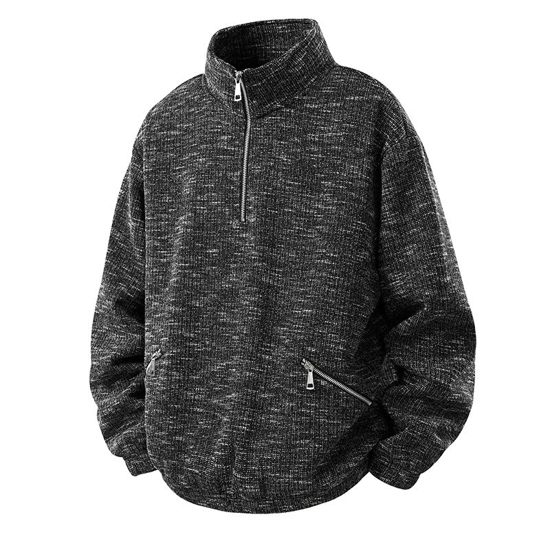 Men's Oversized Knit Look Half-Zip Sweater with Stand-Up Collar and Zip Pockets Mune Fashion