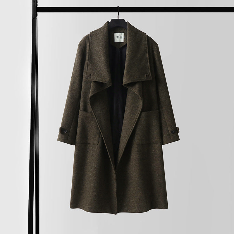 Ladies Elegant long wool mix cocoon coat with overlapping shawl collar and patch pockets Mune Fashion