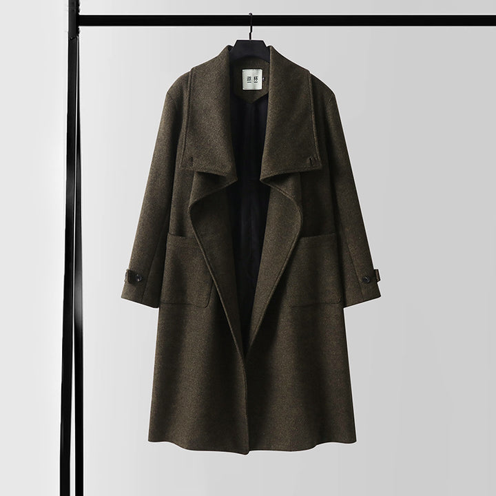 Ladies Elegant long wool mix cocoon coat with overlapping shawl collar and patch pockets Mune Fashion