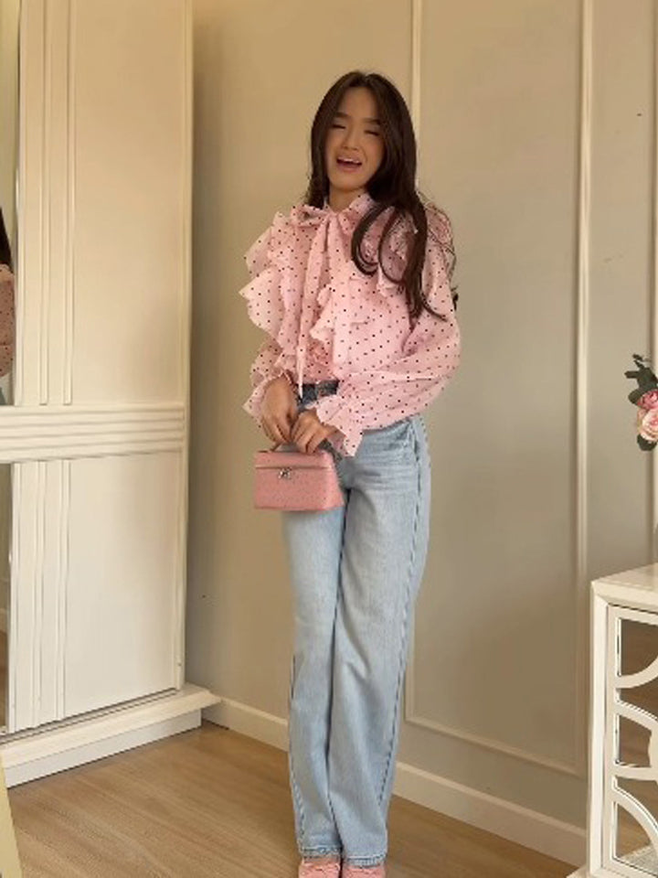 Women Ruffle Blouse with Bow Collar and Polka Dot Pattern Mune Fashion