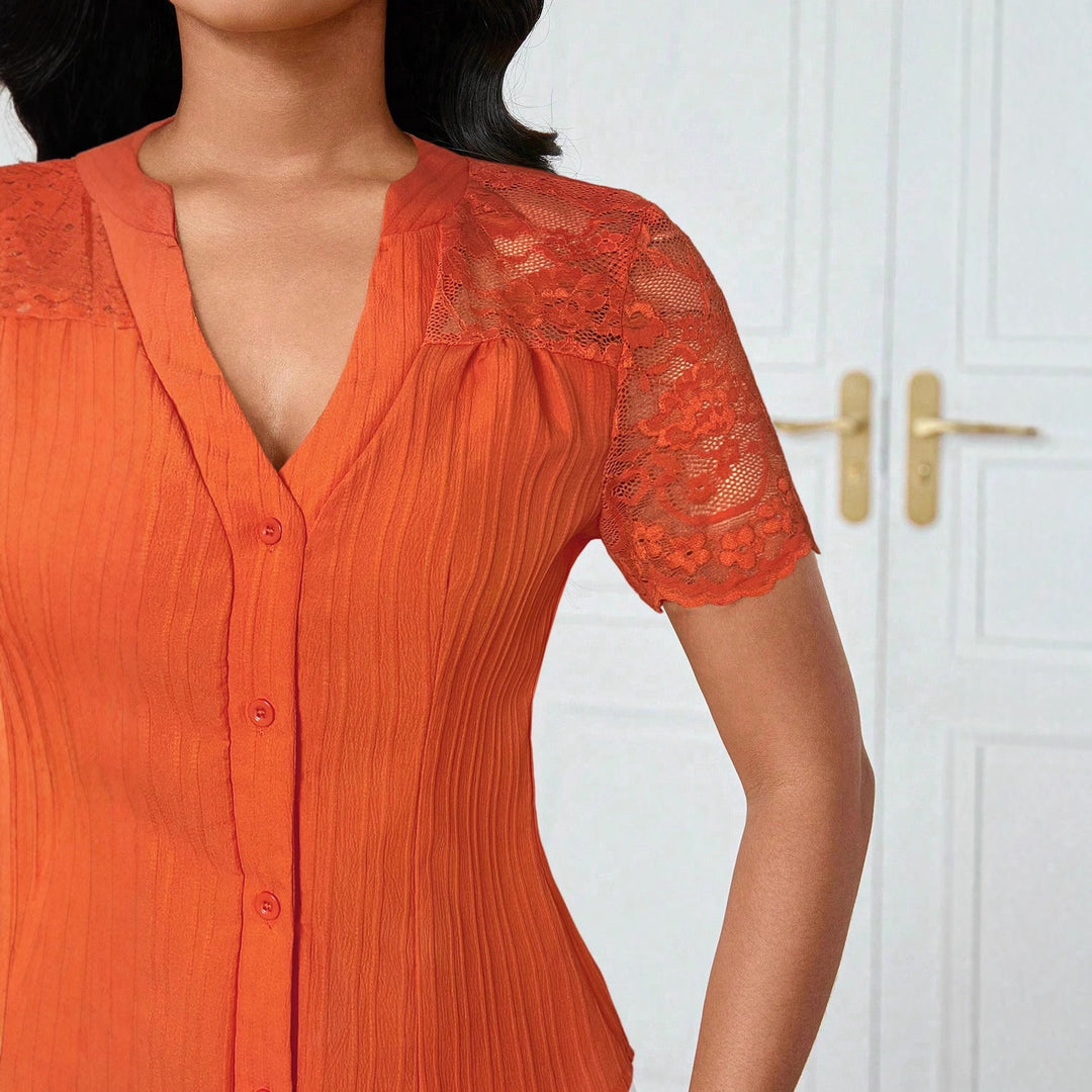 Women's Fitted Short Sleeve Blouse with Lace Sleeves and Button Placket Mune Fashion