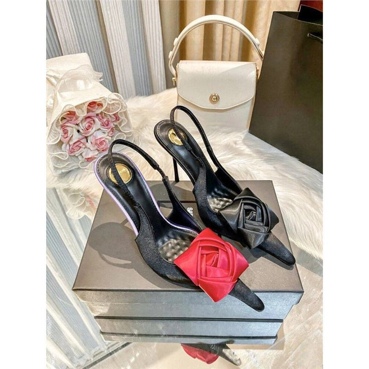 Women's lace Slingback stilettos with satin rose appliqué Mune Fashion