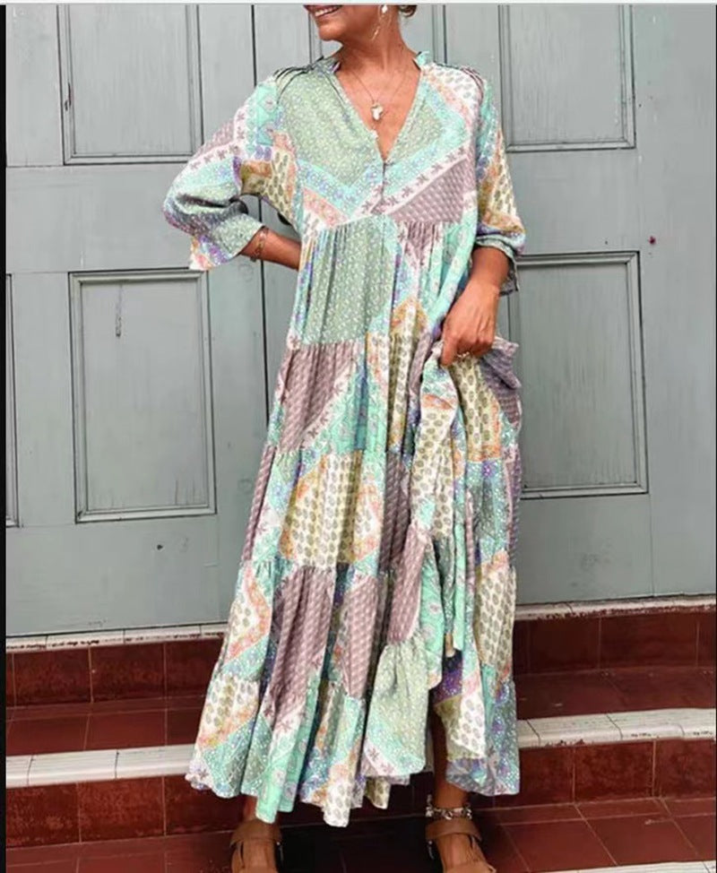 Women's nan Patchwork tiered maxi dress with V-neck, partial button placket, gathered yoke and side pockets Mune Fashion
