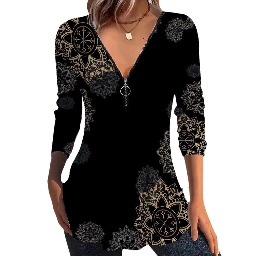 Women's Long Sleeve Shirt with Zipper and Floral Pattern Mune