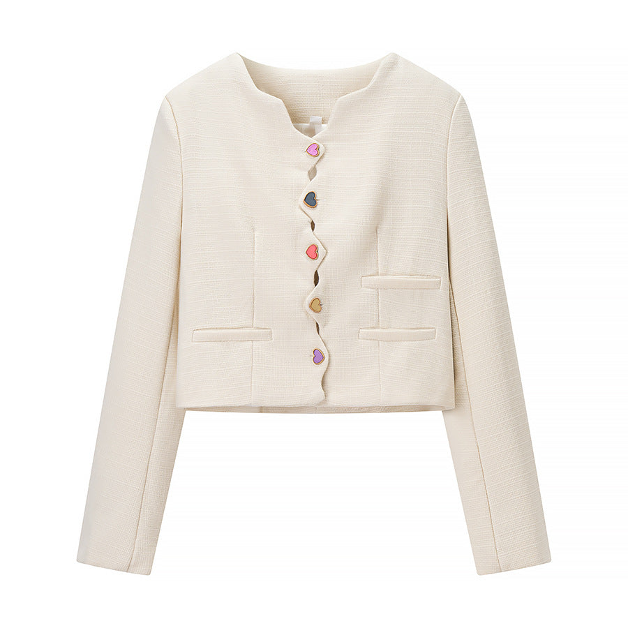 Women's Tailored Boucle Short Blazer with Curved Button Placket and Heart Buttons Mune Fashion