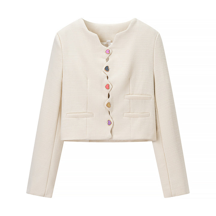Women's Tailored Boucle Short Blazer with Curved Button Placket and Heart Buttons Mune Fashion