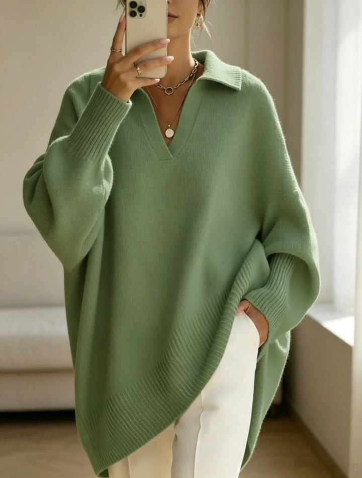 Women Oversize Polo Collar V-Neck Knitted Sweater with Balloon Sleeves Mune Fashion