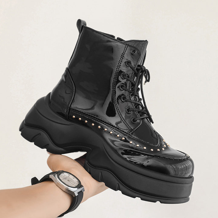 Women Plateau Boots with Patent Finish, Lacing and Studded Decoration Mune Fashion