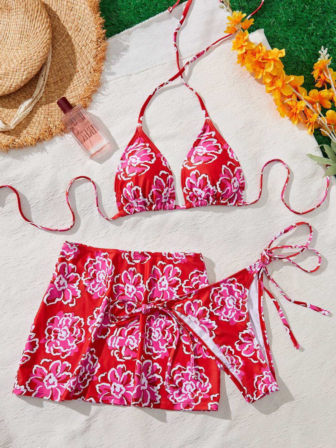 Ladies Bikini Set with floral skirt and sophisticated tie bands Mune Fashion