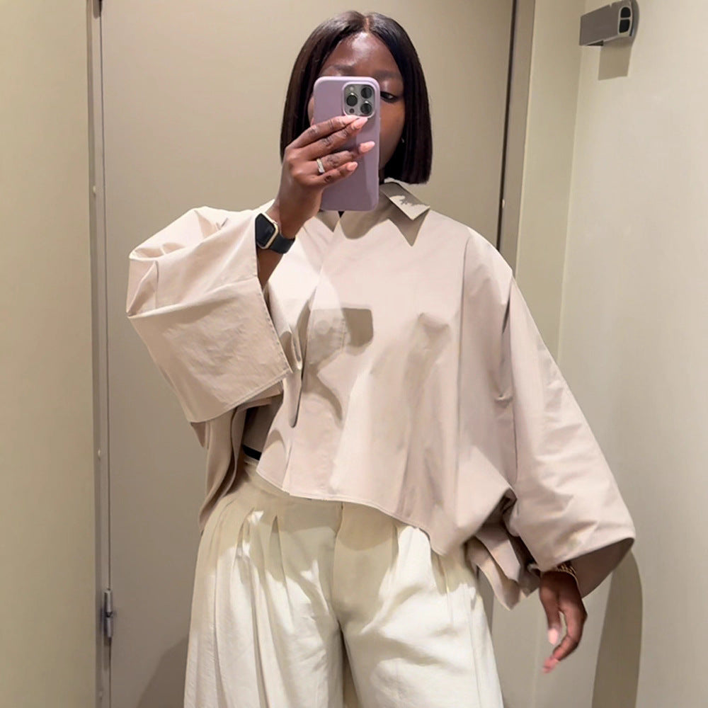Women's Boxy Cropped Shirt Blouse with Wide Batwing Sleeve and Fine Tuck Mune Fashion
