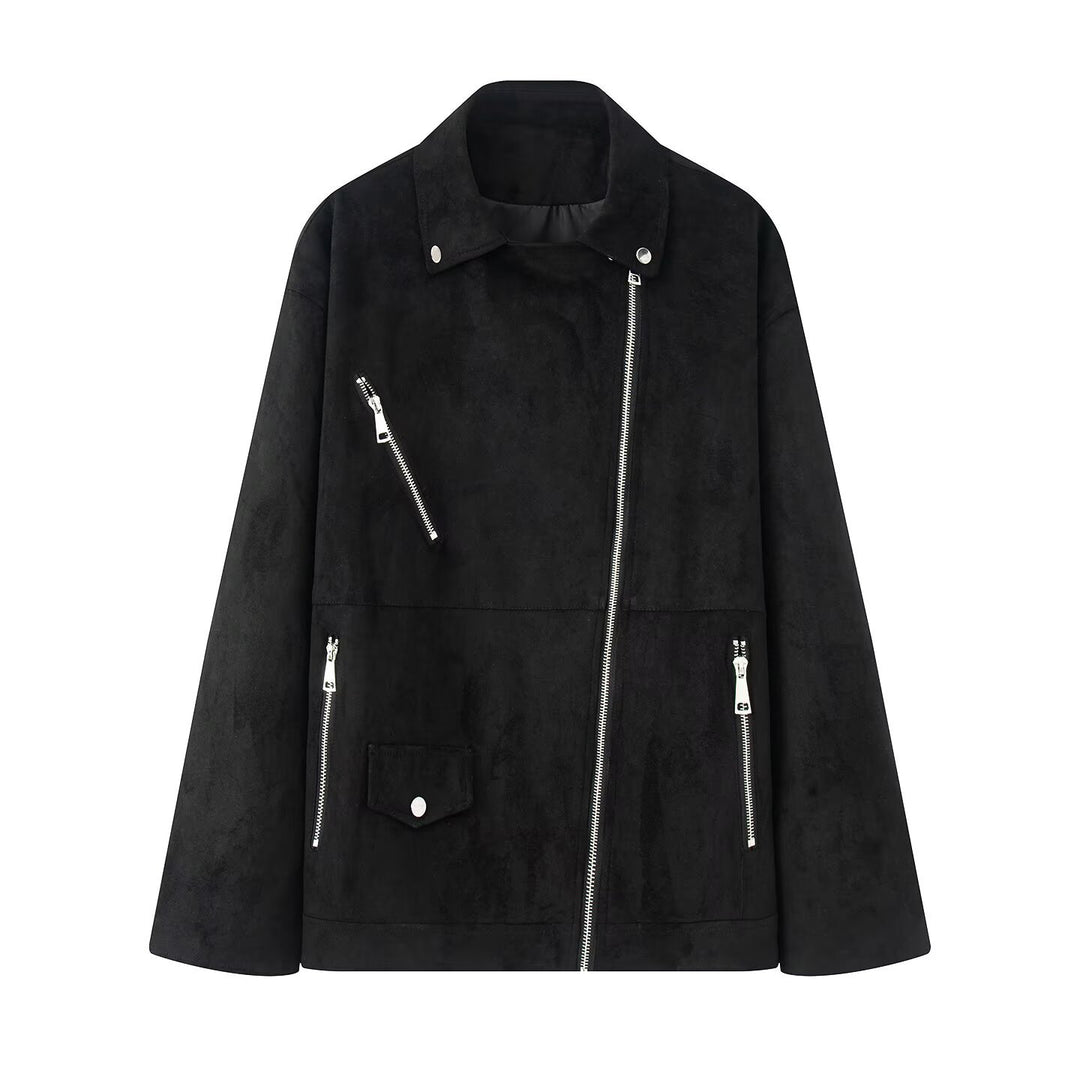 Women's long oversized biker jacket in velour look with diagonal zipper and multiple pockets Mune Fashion