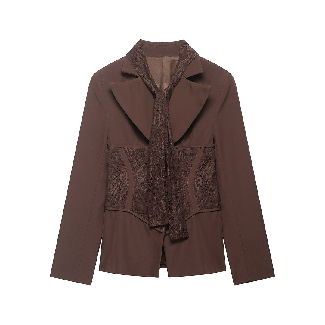 Women Tailored Blazer with Lace Inserts and Integrated Lace Scarf Mune Fashion