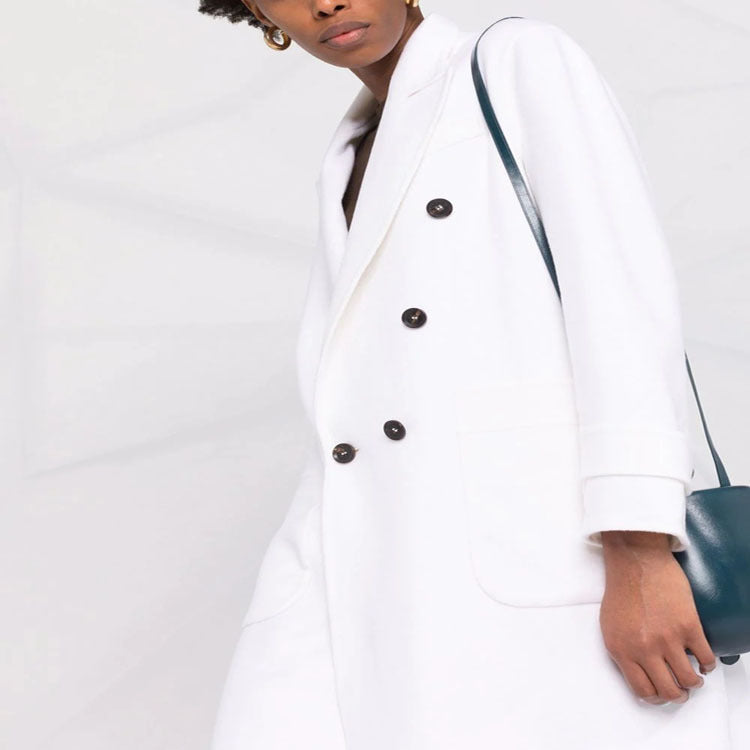 Women Double-breasted Midi Coat in Modern Tailoring with Extended Lapels and Patch Pockets Mune Fashion