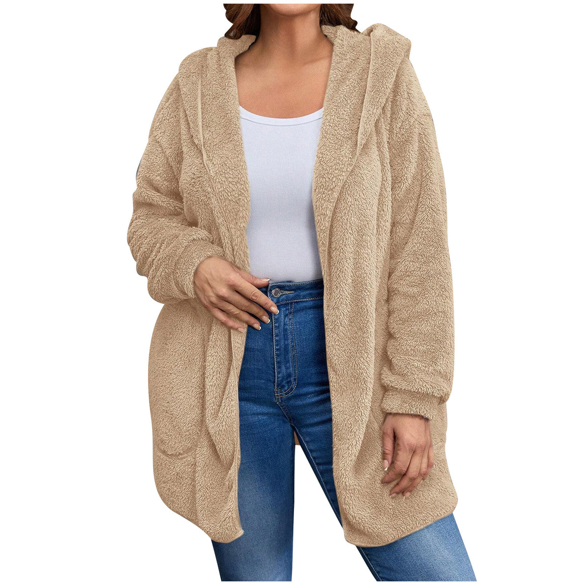Women's cozy teddy fleece hooded jacket with large patch pockets and relaxed silhouette Mune Fashion
