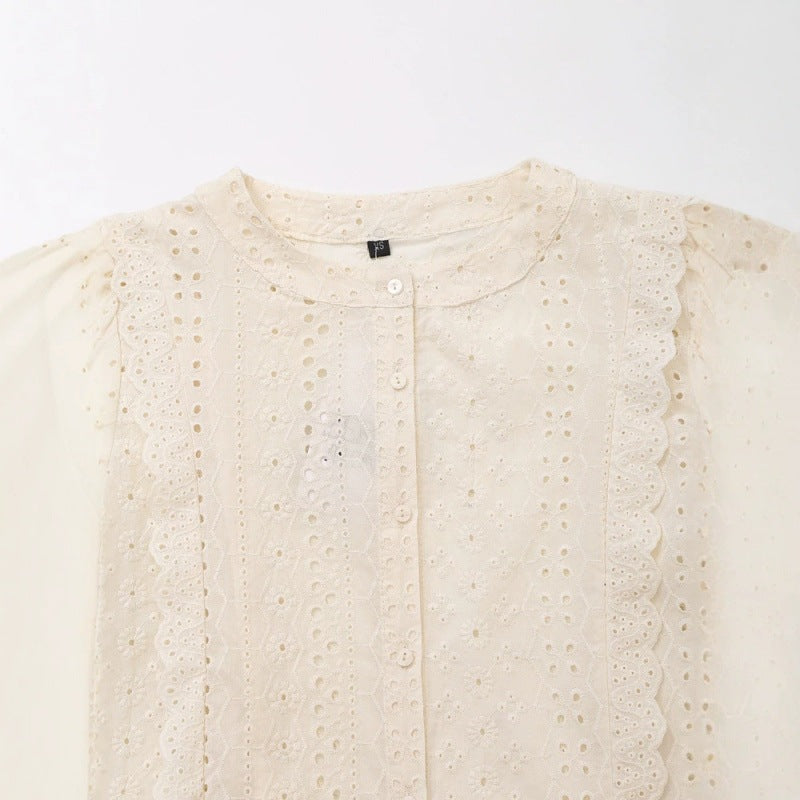 Ladies Broderie Anglaise Cotton Blouse with Ruffle Trim and Balloon Sleeves Mune Fashion