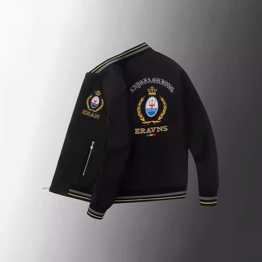 Men's stick detail bomber jacket in retro crest style with emblem embroidery and zipper arm pocket Mune Fashion
